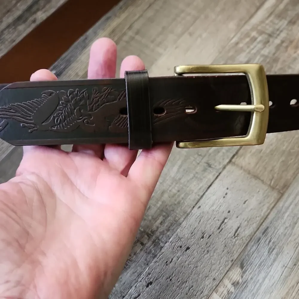 Wrangler Mens Brown Tooled Leather Belt 44/110 Eagle Brass Buckle Western Cowboy